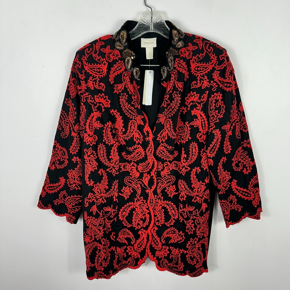 Chico's Collectibles Jacket Womens 1 Red Black Paisley Embroidered Beaded NEW